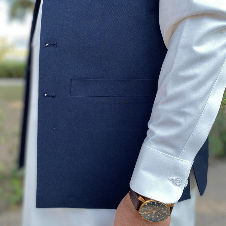 Men’s navy blue waistcoat on sale in London elegant, affordable, and high-quality fabric.