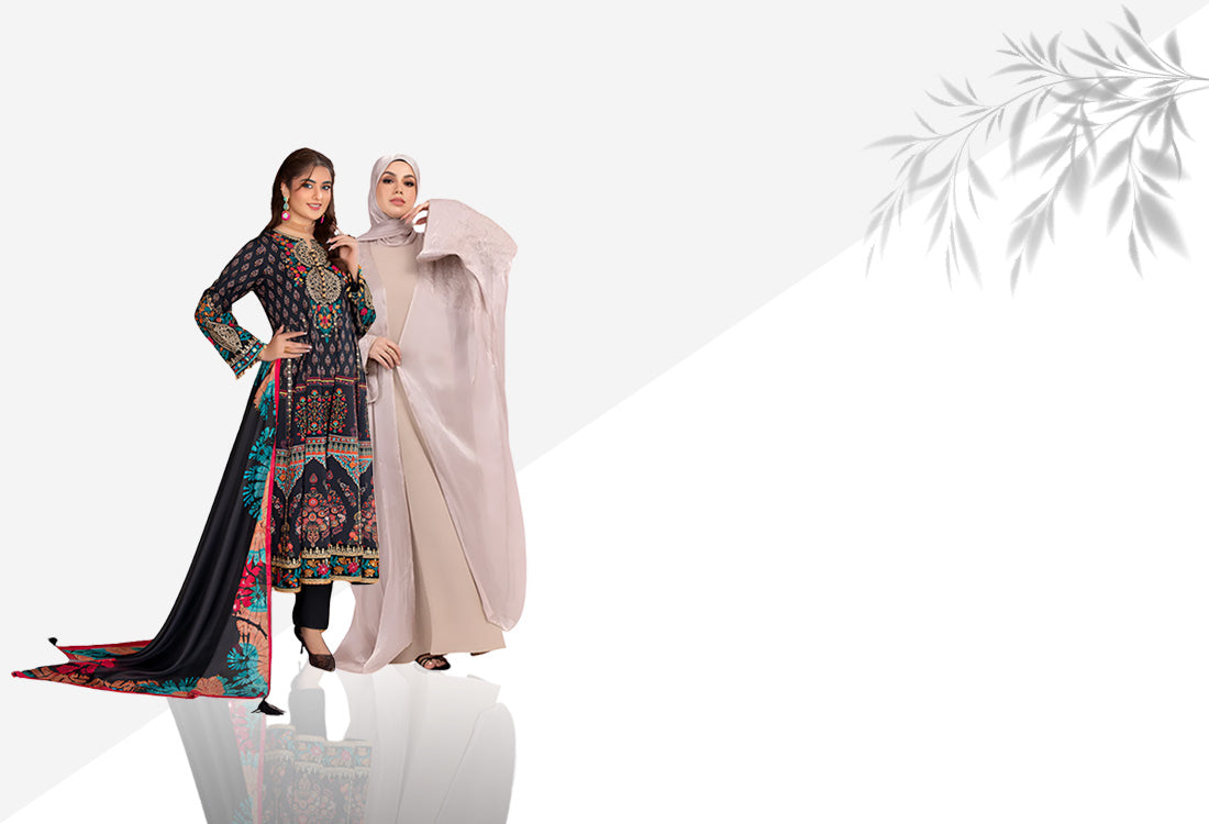 Two women in traditional outfits on a white background with decorative elements.