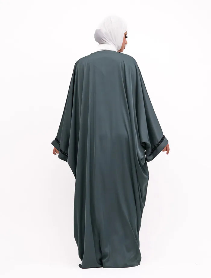 Stylish plus size abaya near me with batwing sleeves and belt, shop modest clothing in UK.