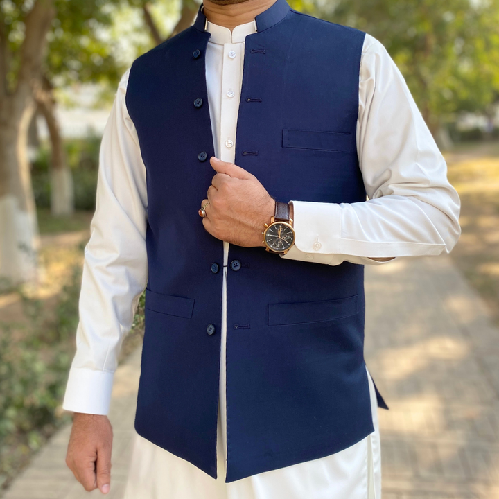 Navy blue waistcoat available in 11.11 sale near me at an affordable price from Vavaa Clothing.