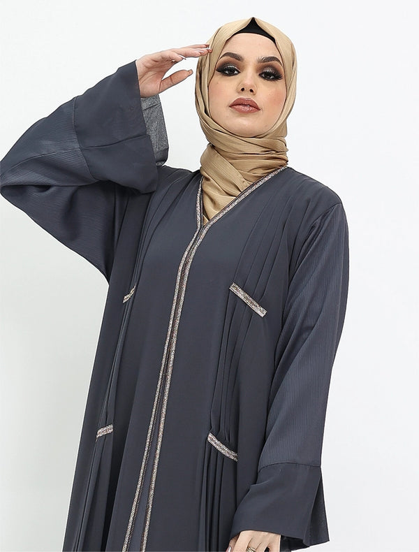 Nur Chiffon Abaya near me for women, lightweight chiffon and nida fabric, gold trim accents, modest wear near me, available at Vavaa UK Outlet.

