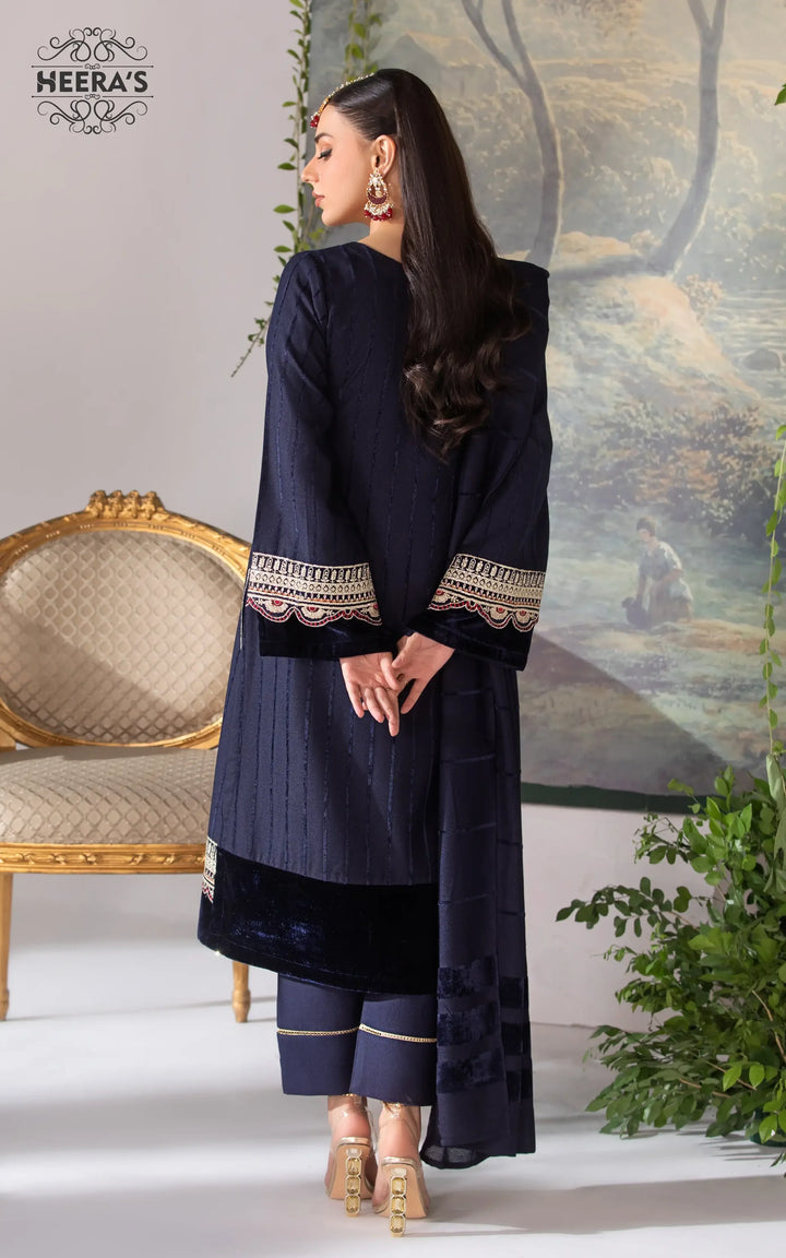 blue embroidered Kameez Shalwar with velvet detailing near me available at Vavaa.