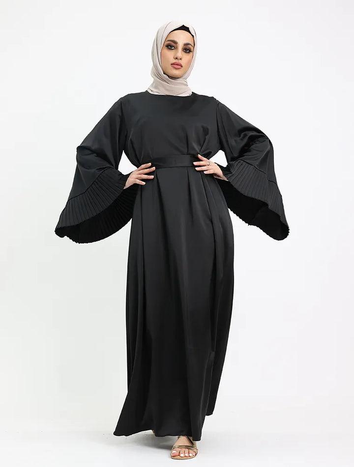 Elegant satin abaya with pleat cuffs, modest fashion near me for Eid prayer and family gatherings – Vavaa UK Outlet.