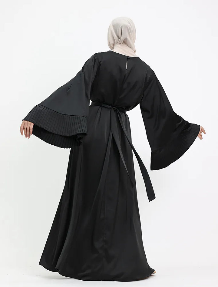 Satin abaya with pleat cuff sleeves, Muslim women’s dress near me for mosque and celebrations – Vavaa UK Outlet.