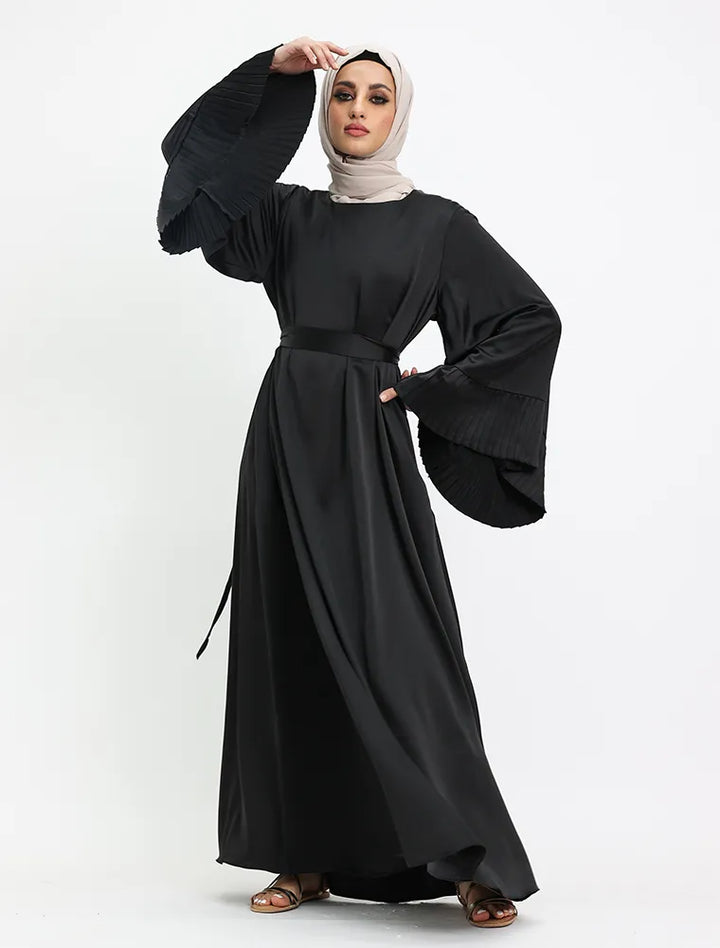 Women’s satin abaya with pleated sleeves, modest wear near me for special dinners and Eid – Vavaa UK Outlet.