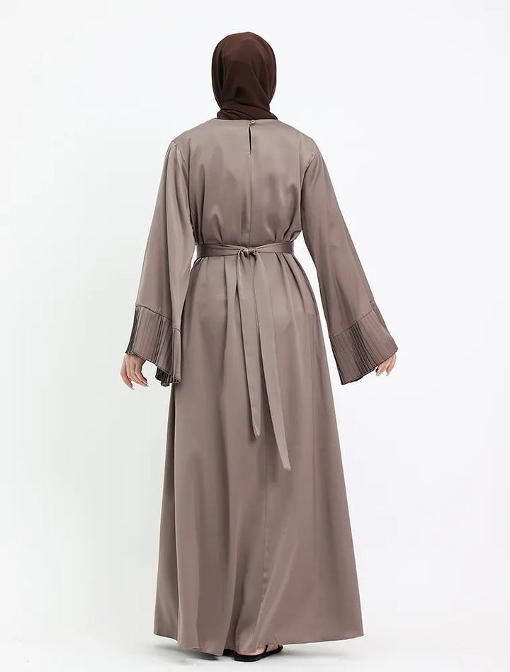 Womens satin abaya with pleated sleeves, modest wear near me for special dinners and Eid Vavaa UK Outlet.