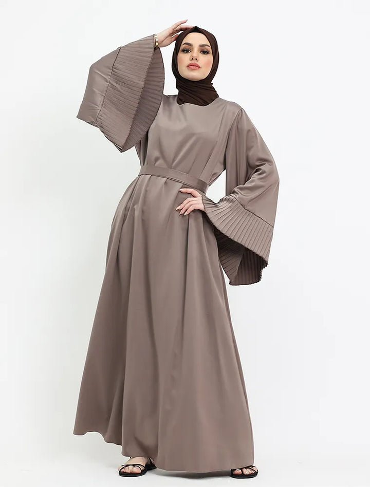 Elegant satin abaya with pleat cuffs, modest fashion near me for Eid prayer and family gatherings Vavaa UK Outlet.