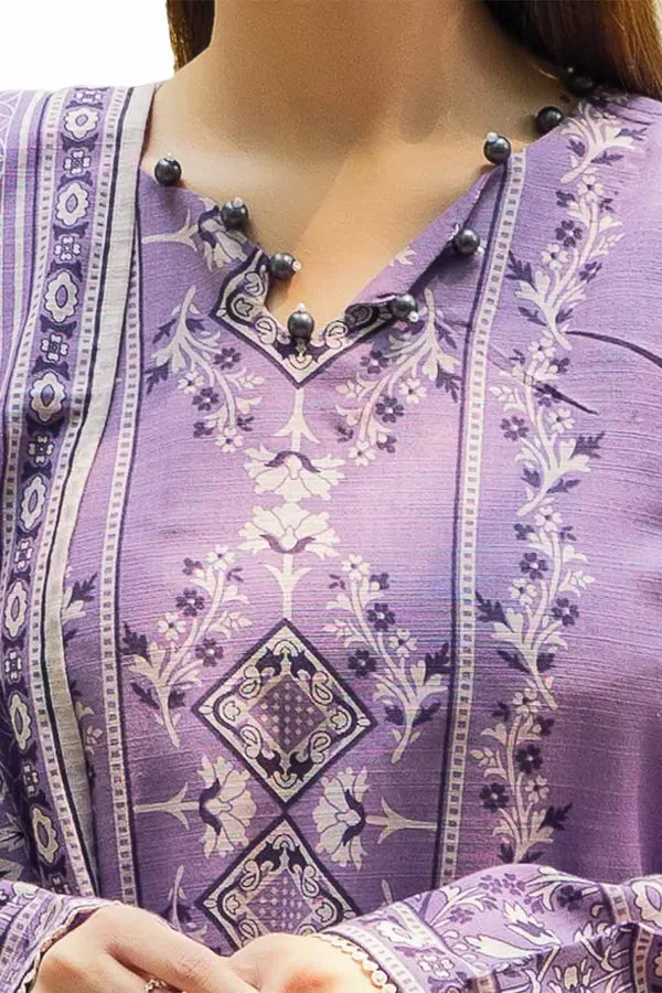 Stitched purple khaddar suit near me with floral prints available now at Vavaa UK outlet near me.