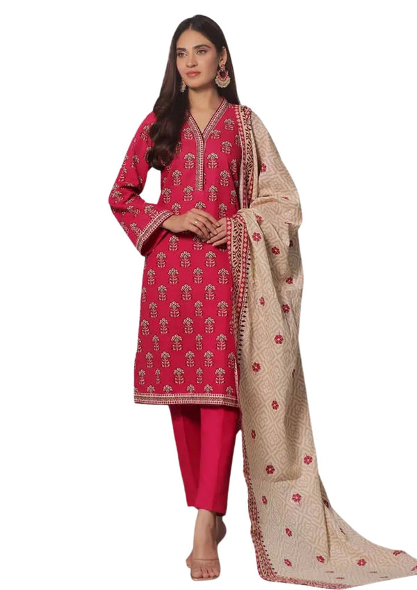 Red and beige printed khaddar suit with dupatta and trousers near me.