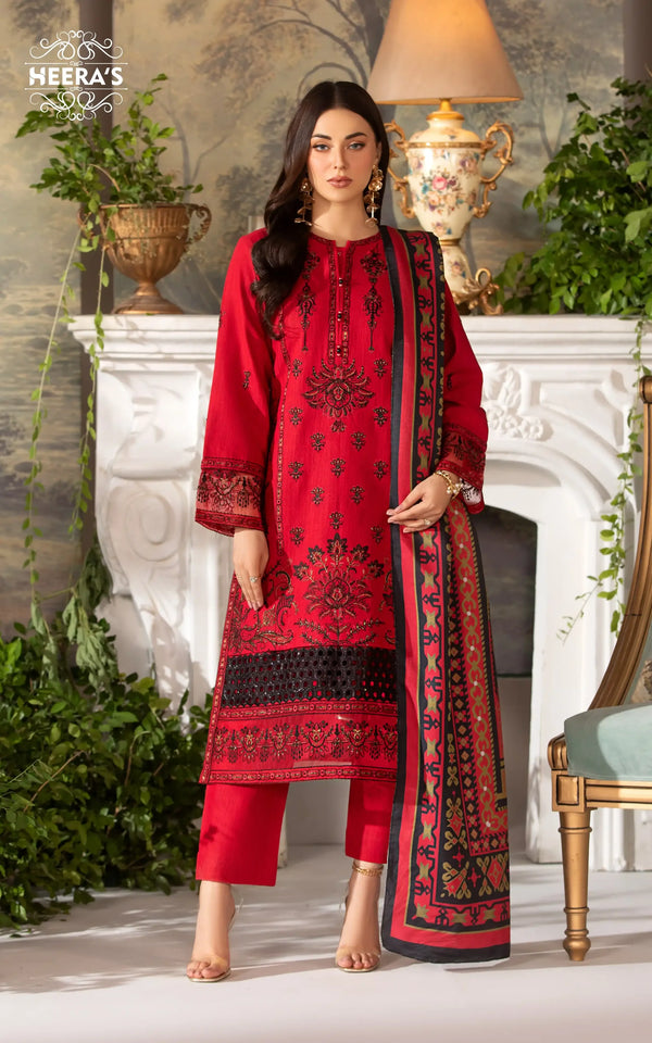 Woman wearing a red embroidered Kameez Shalwar with digital printed dupatta available near me at Vavaa outlet in UK.