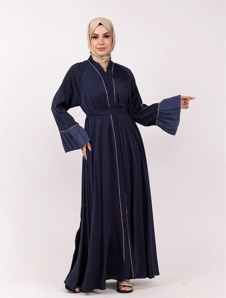 Navy blue satin open abaya with organza cuffs and gold details near me, perfect for weddings. Shop abayas near me in the UK.