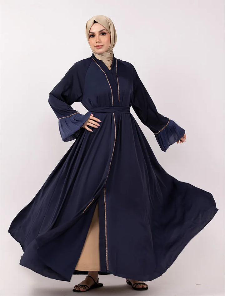 Navy satin open abaya with gold trim and organza cuffs, perfect for formal wear. Browse abayas near me in the UK
