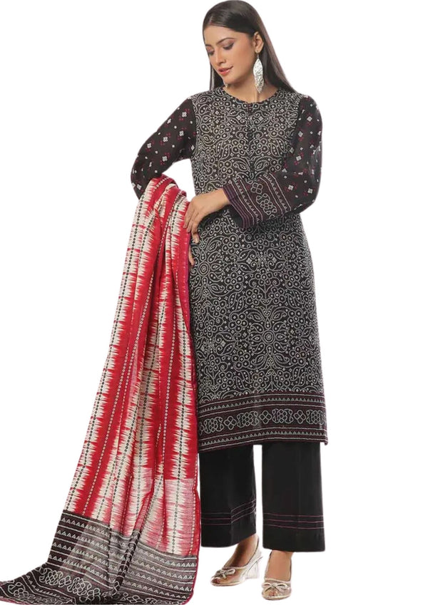 Elegant black 3 piece stitched khaddar suit near me with printed design near me at Vavaa outlet in UK.