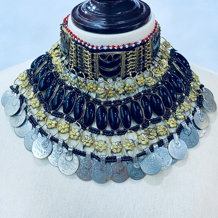 Trendy decorative necklace with blue beads, gold accents, and silver coins, premium ethnic jewelry available at Vavaa outlet near me in UK and you can shop online.