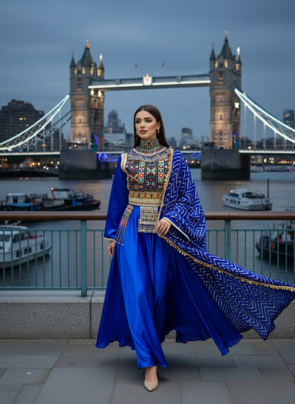Woman in a blue traditional afghani outfit with intricate patterns standing in front of Tower Bridge at dusk.