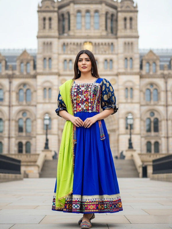 Vavaa blue embroidered Afghani Kuchi traditional dress on mannequin, London fashion, limited-time discounted offer near me.