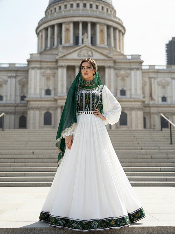 white and green afghan dresses in london