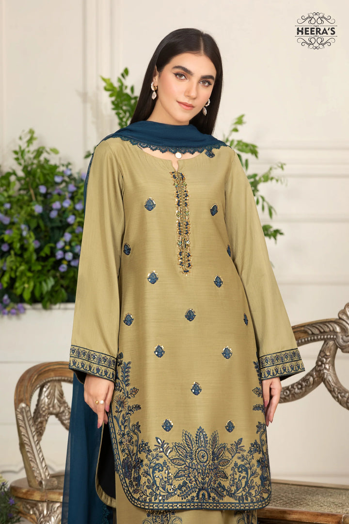 Raw silk luxury embroidered 3 piece winter dress near me stitched suit for women, shop online at Vavaa UK