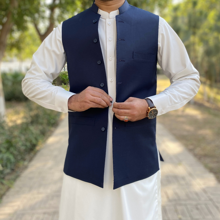 Limited time offer on navy blue waistcoat by Vavaa Clothing London elegant and modern look.