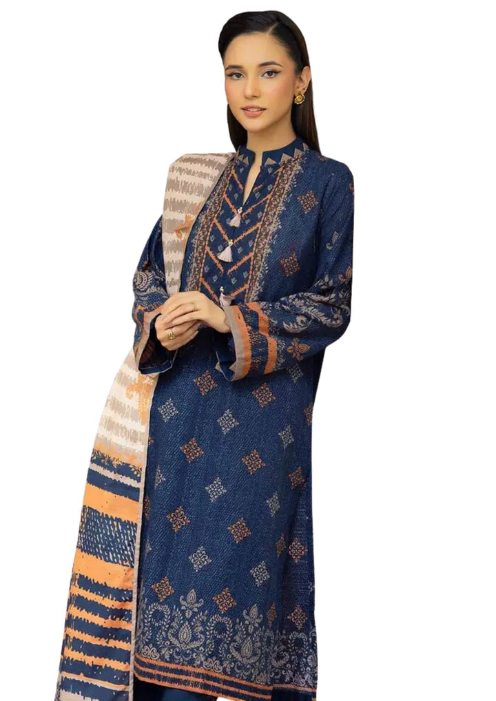 Printed blue orange khaddar fabric set with design stitched dress near me.