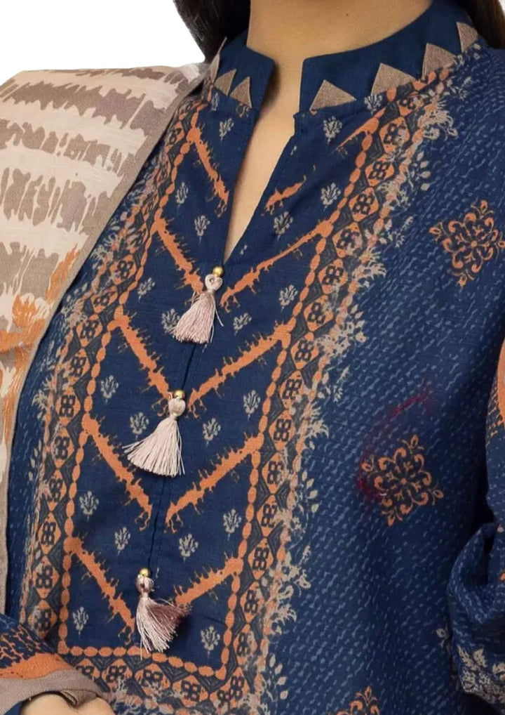 Blue and orange printed Khaddar suit  near me stitched 3 pcs with dupatta, shop near me at Vavaa UK