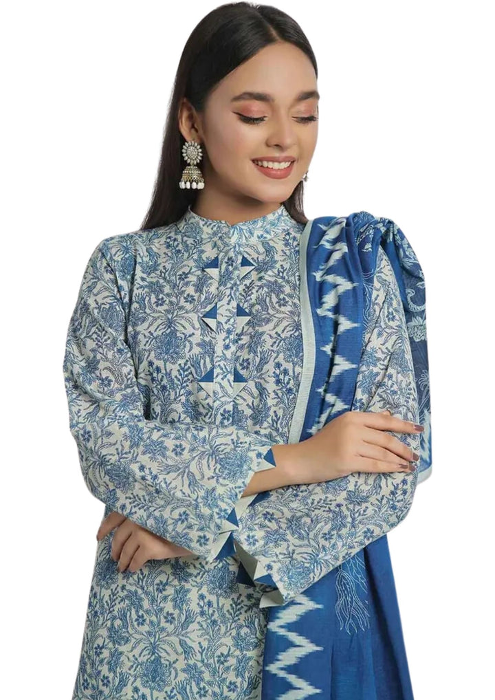 Womens blue and white khaddar suit near me with geometric design discounted winter wear near me.