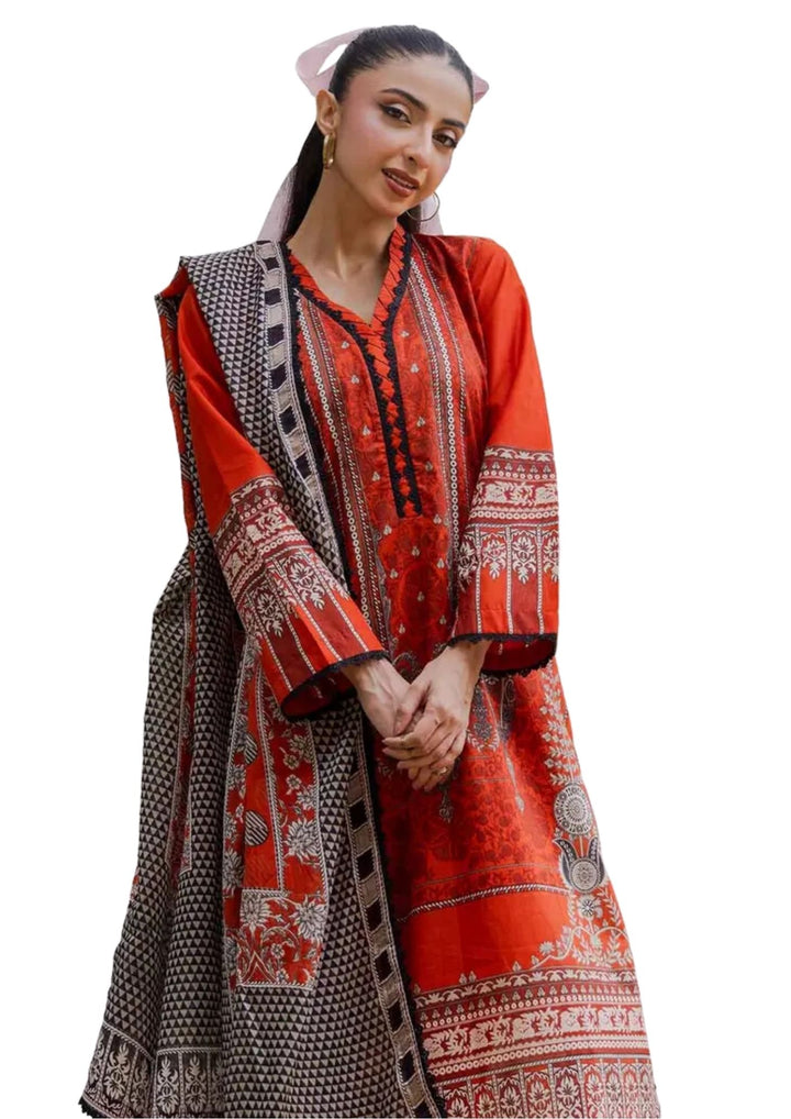 orange khaddar outfit with printed shirt, dupatta, and trousers near me available in UK.