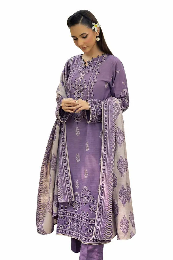 Elegant purple khaddar suit near me with floral prints and dupatta for women available near me at Vavaa outlet in UK