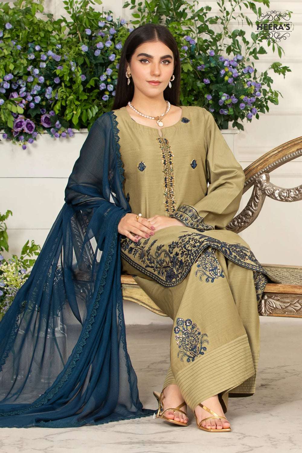 Beige & Blue Embroidered 3-Piece Raw Silk Dress | Vavaa UK