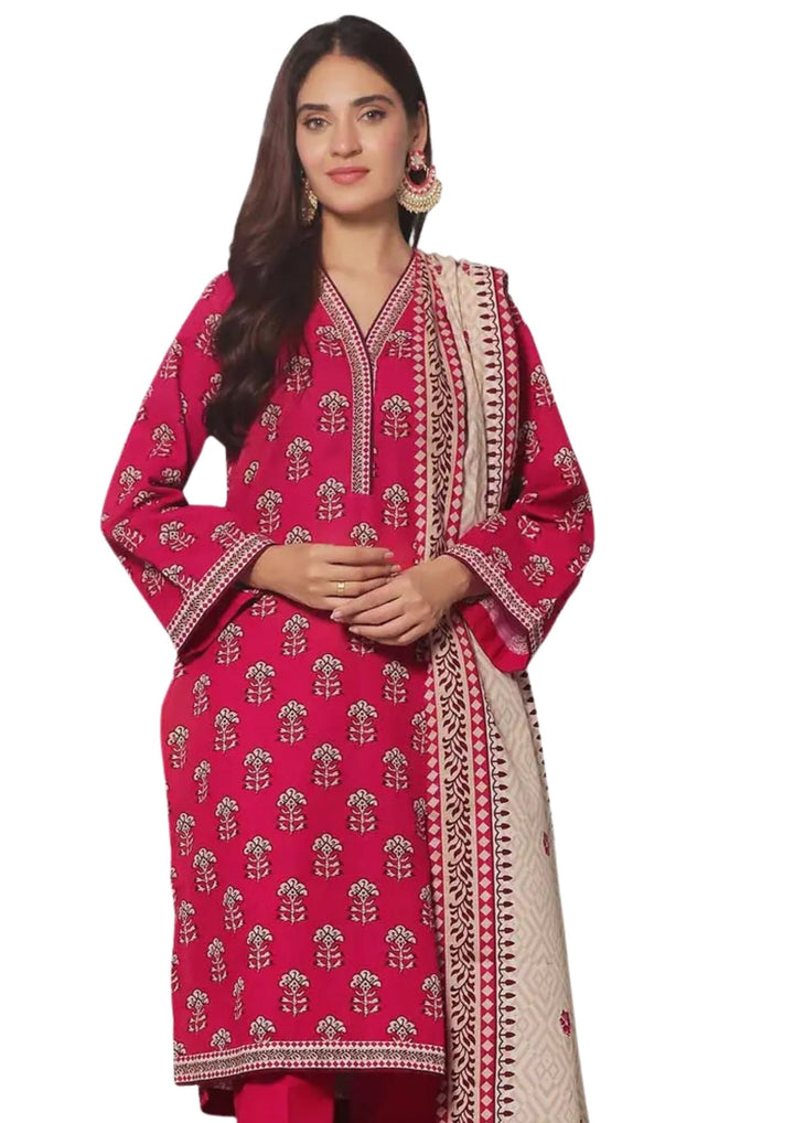 3 piece printed khaddar dress for women in red and beige near me  shop at Vavaa outlet in UK.