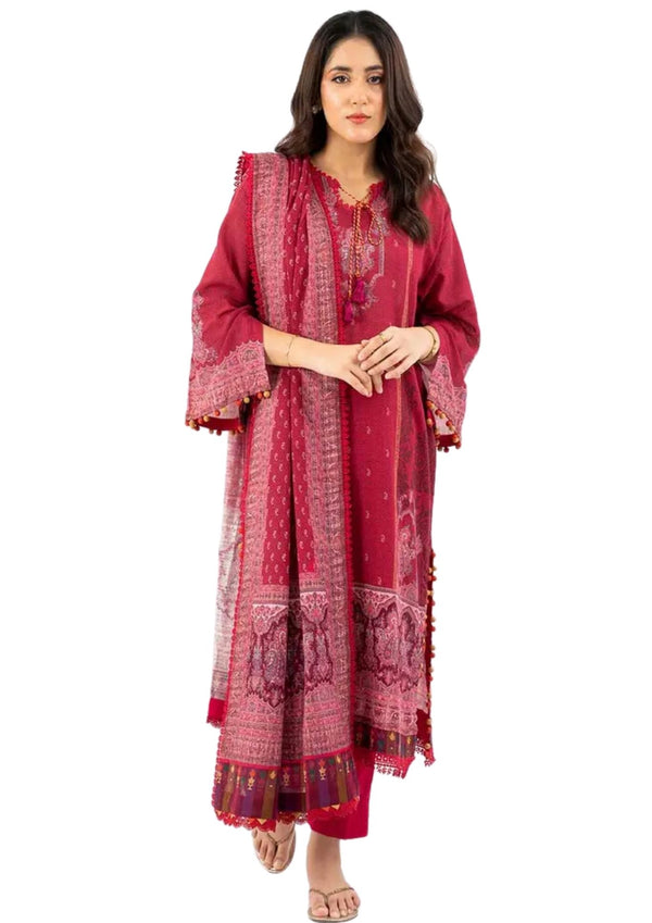Magenta khaddar 3 piece suit for women near me shop now at Vavaa outlet in UK. khaddar suit near me.