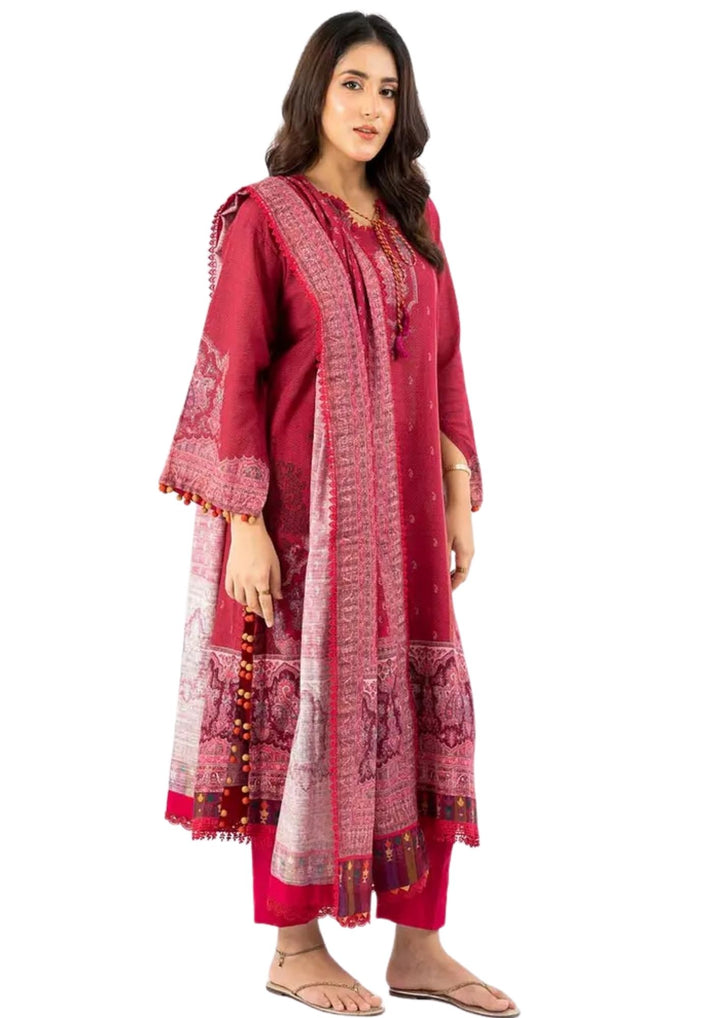 magenta khaddar suit with classic dupatta and trousers now in stock near me.