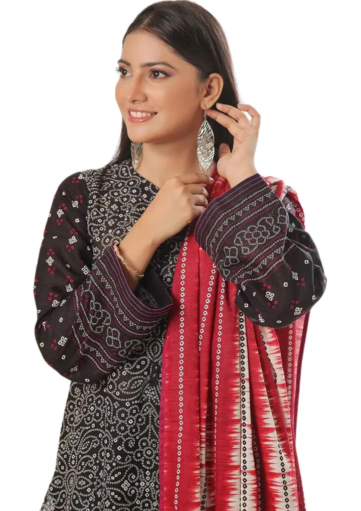 Printed black khaddar stitched suit – premium 3 piece outfit at discounted prices near me.