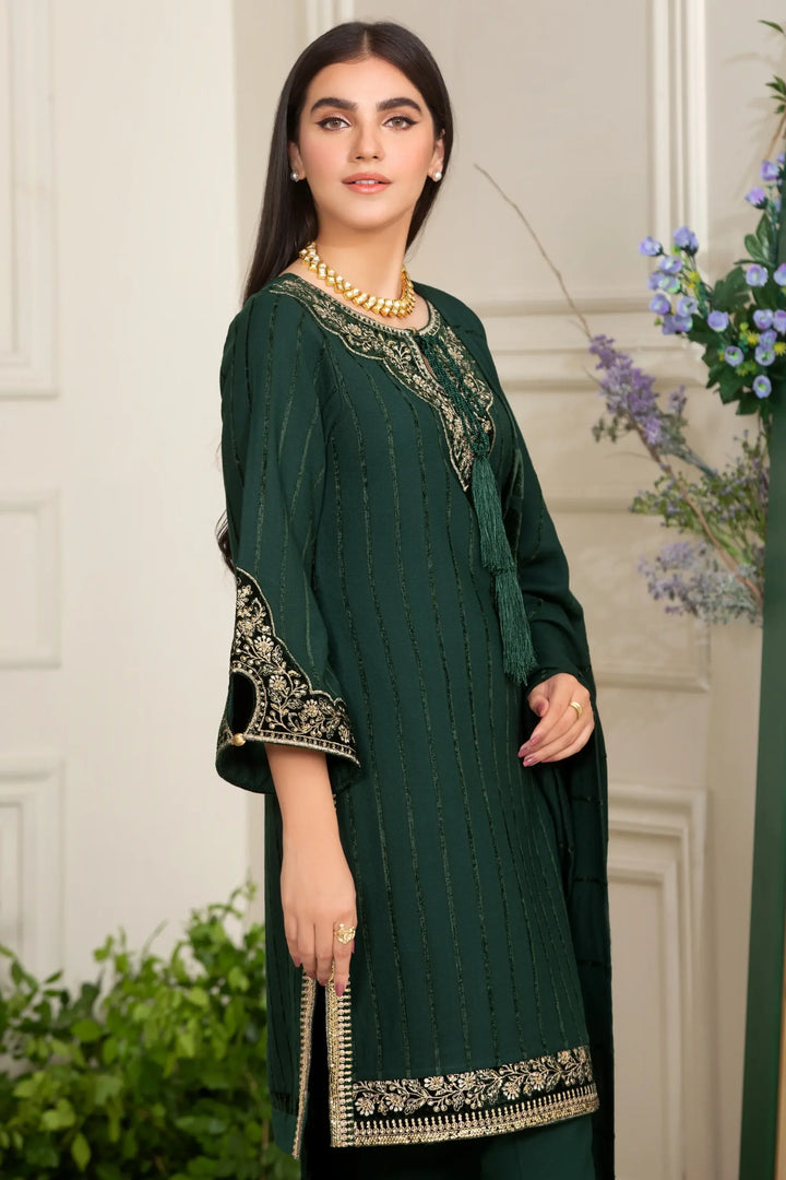 green embroidered linen and velvet dress with velvet patchwork and shawl  shop this festive outfit near me