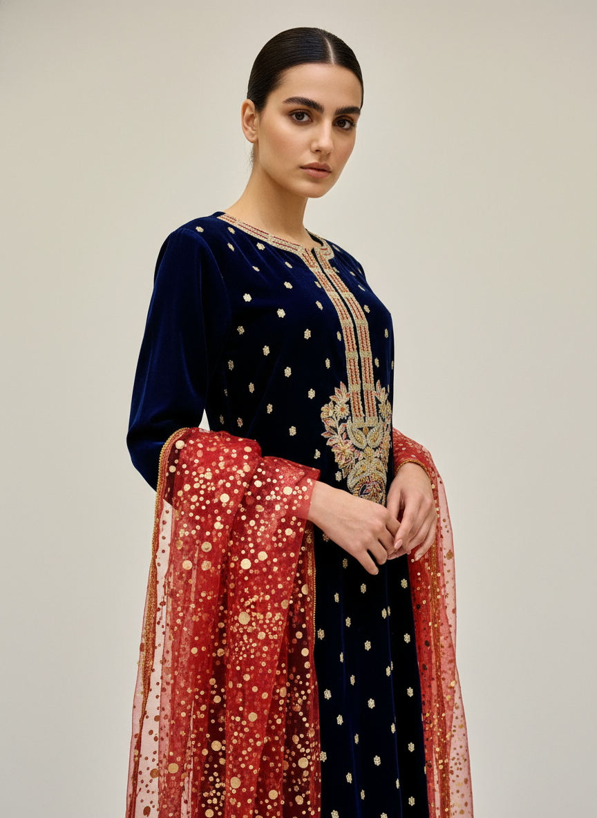 Navy Blue 3 Piece Stitched Velvet Dress