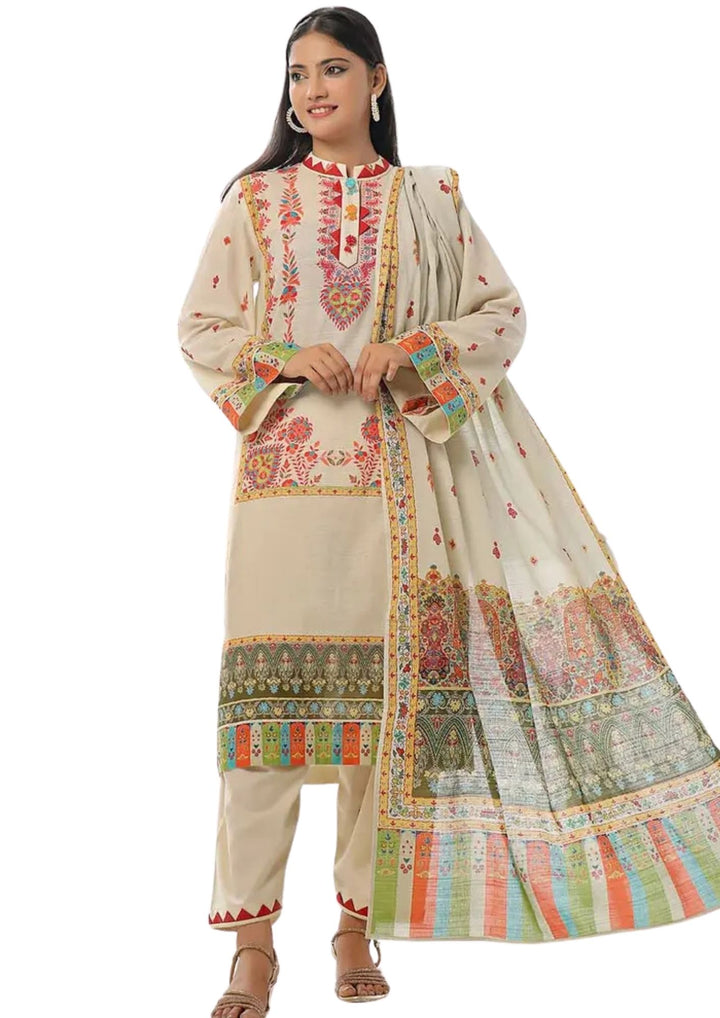 Ready to wear off white khaddar 3 piece suit near me in london with vibrant prints available in UK.