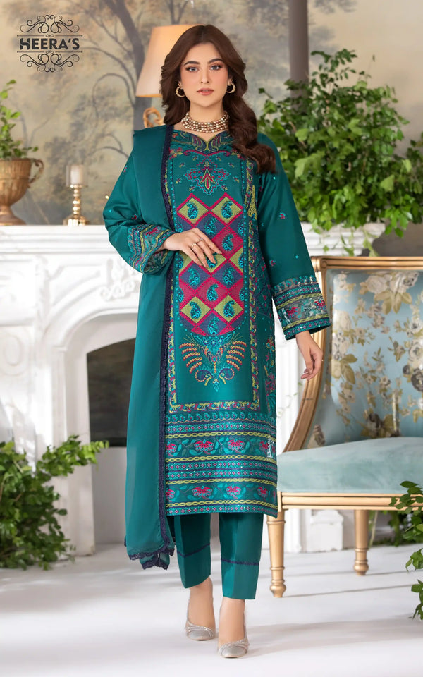 Woman wearing Elegant Zinc Aura 3 piece embroidered linen winter dress with shirt, trousers, and dupatta available near me at Vavaa outlet in UK.